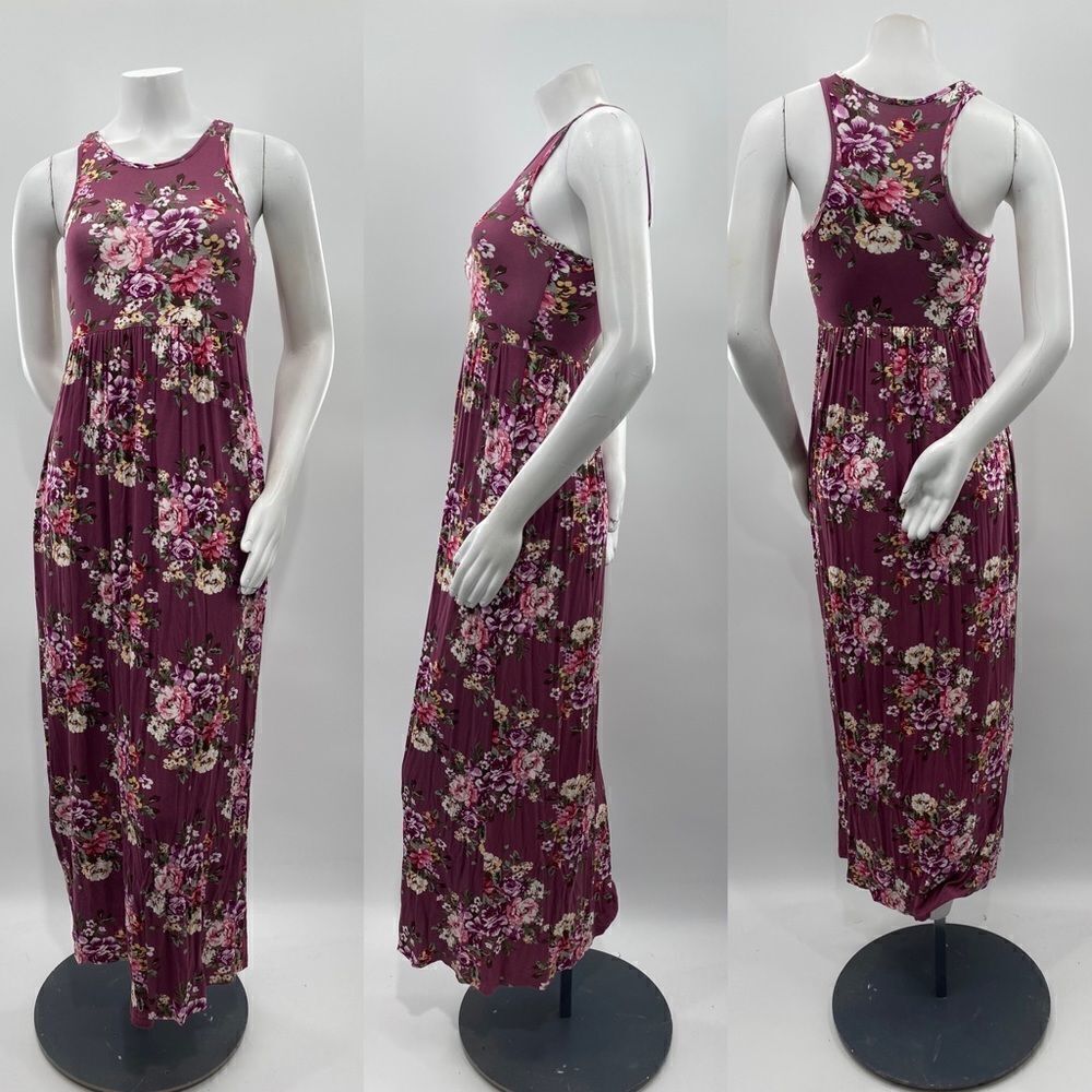 Grecerelle Floral Burgundy Pink Racerback Maxi Dress Size: XS